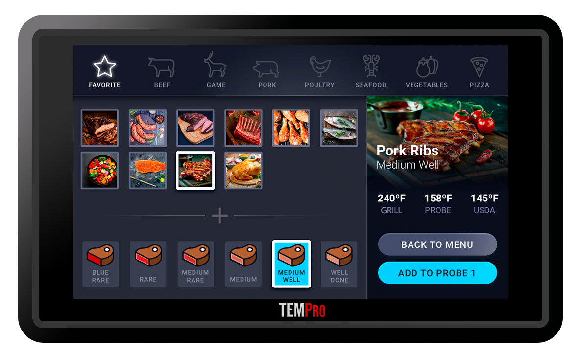 TempPro Recipes Mode screen